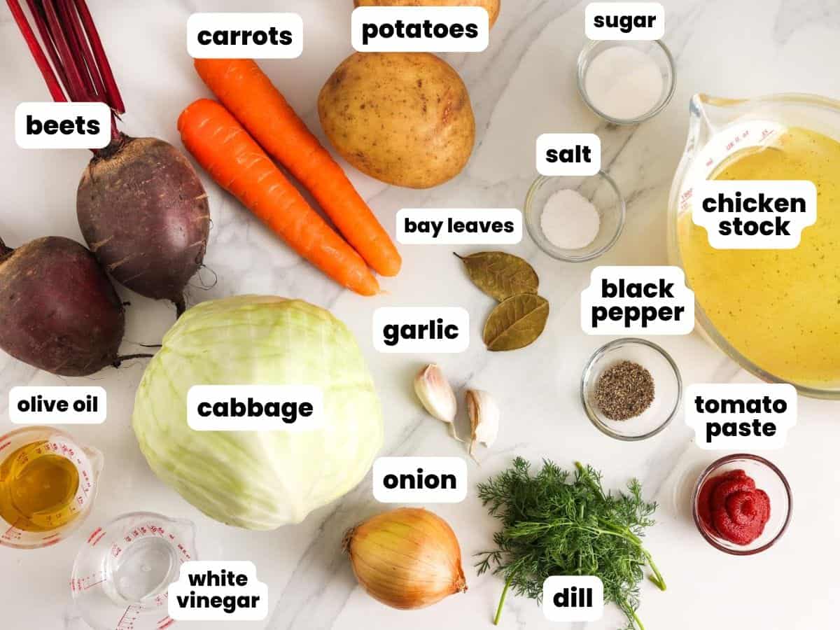 The ingredients for borscht soup with beets, cabbage, and carrots. 