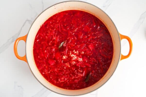 carrots. beets, and potatoes cooked in a flavorful deep red broth.