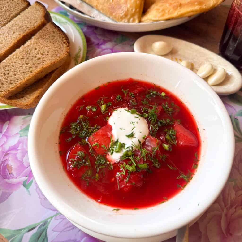 A bowl of borscht soup with a dollop of smetana and dill, with rye bread and cheburek pies in the background