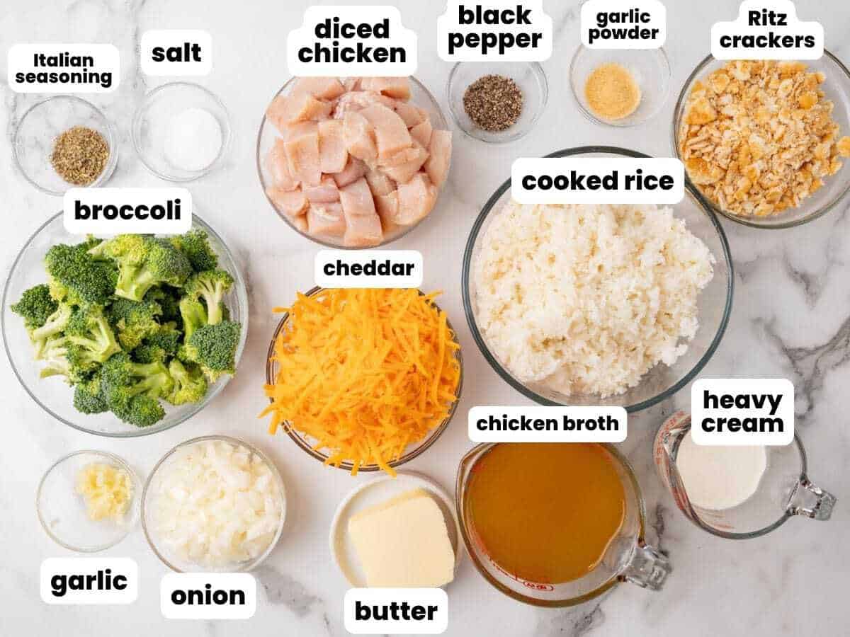 The ingredients needed to make a chicken broccoli rice casserole with cheddar cheese and ritz cracker topping.