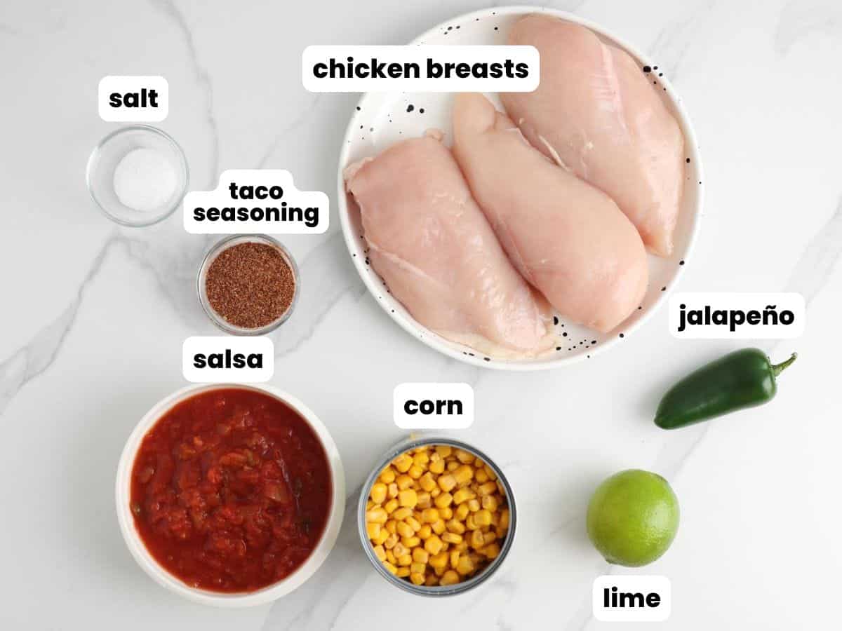 7 ingredients for crockpot salsa chicken, arranged on a marble counter. Items include raw chicken breasts, salt, taco seasoning, salsa, canned corn, lime and jalapeno.
