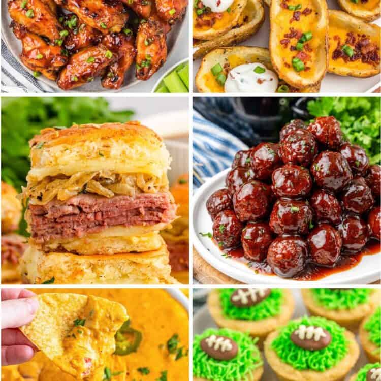 Collage of game day recipes including glazed chicken wings with ranch dip, cheesy baked potato skins with sour cream, corned beef sliders, glazed cocktail meatballs, cheesy queso dip with tortilla chips, and football-themed cookie cups.