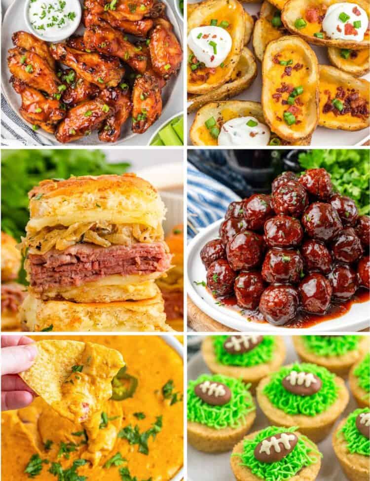 Collage of game day recipes including glazed chicken wings with ranch dip, cheesy baked potato skins with sour cream, corned beef sliders, glazed cocktail meatballs, cheesy queso dip with tortilla chips, and football-themed cookie cups.