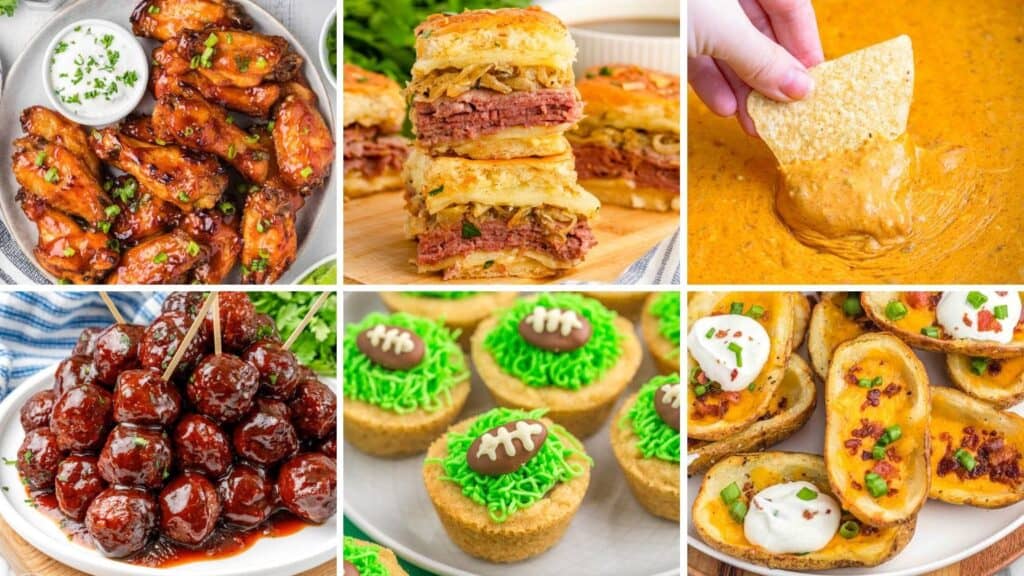 Collage of game day recipes including glazed chicken wings with ranch dip, stacked corned beef sliders with caramelized onions, tortilla chip dipped in cheesy queso, glazed cocktail meatballs on skewers, football-themed cookie cups with green frosting, and crispy baked potato skins topped with sour cream, bacon, and green onions.