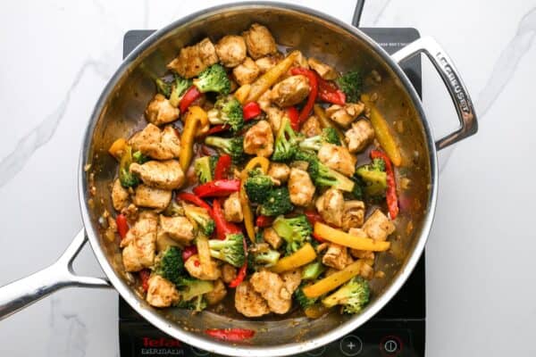 finished hoisin chicken stir fry with broccoli and peppers.