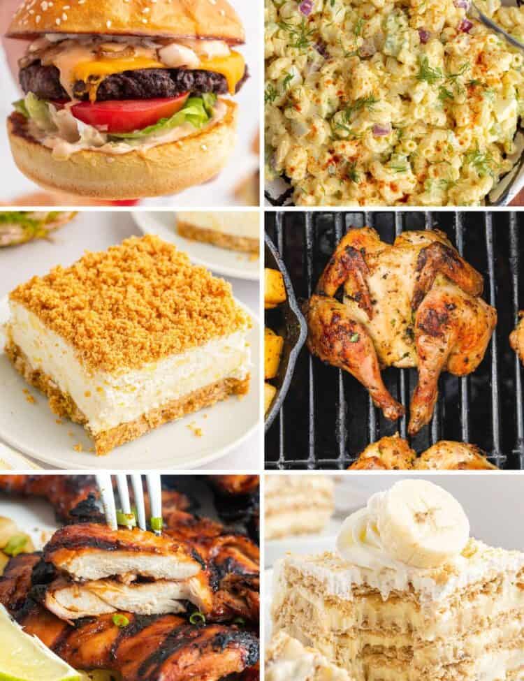 A collage of Labor Day recipes including a grilled cheeseburger, creamy macaroni salad, glazed huli huli chicken, pineapple dream dessert bar, grilled Cornish hen, and banana icebox cake.