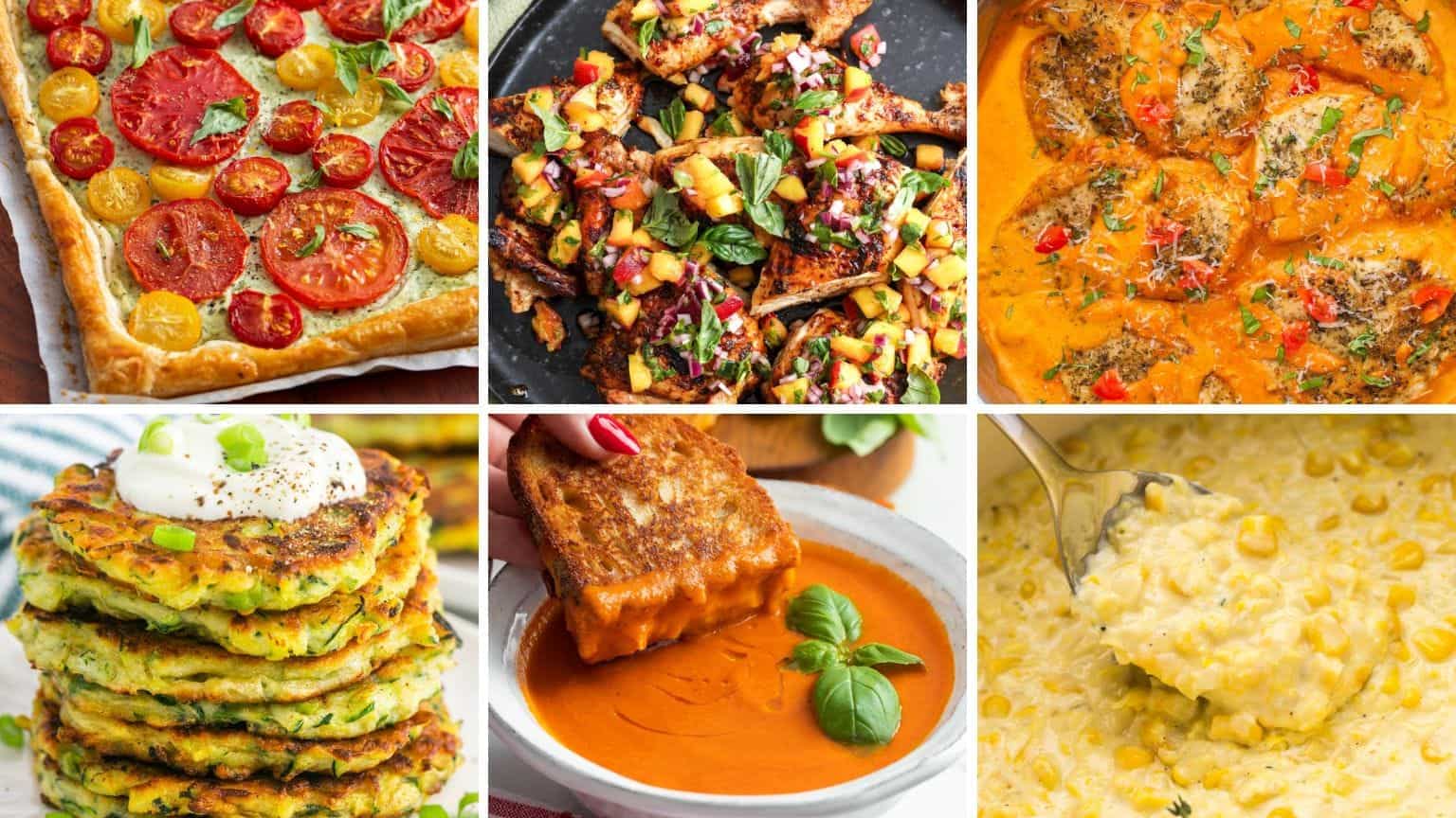 A collage of six late summer recipes: a tomato tart with colorful cherry tomatoes on puff pastry, grilled chicken with peach salsa, creamy tomato chicken in a skillet, stacked golden zucchini fritters with sour cream, grilled cheese dipped into tomato soup, and a spoonful of creamy corn from a pot.