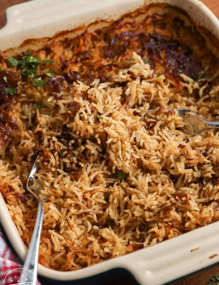 a square baking dish of rice baked with a stick of butter and broth.