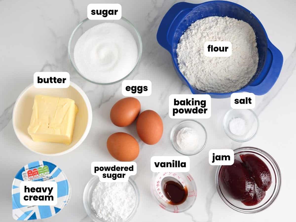 Ingredients needed to make a simple, classic, Victorial Sponge Cake.