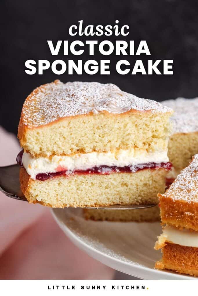 a slice of British sponge cake lifted from the rest of the cake. The side view of the slice shows the layers of whipped cream and raspberry jam filling. Text overlay reads, classic victoria sponge cake.