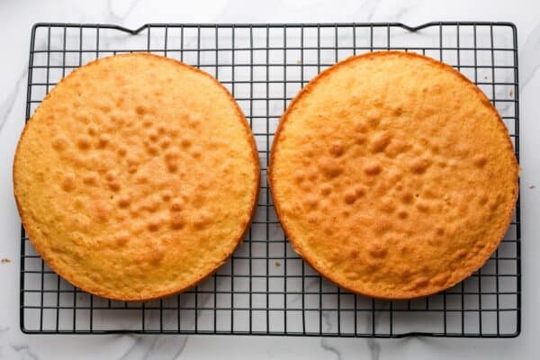 two layers of victoria sponge cake on a metal cooling rack.