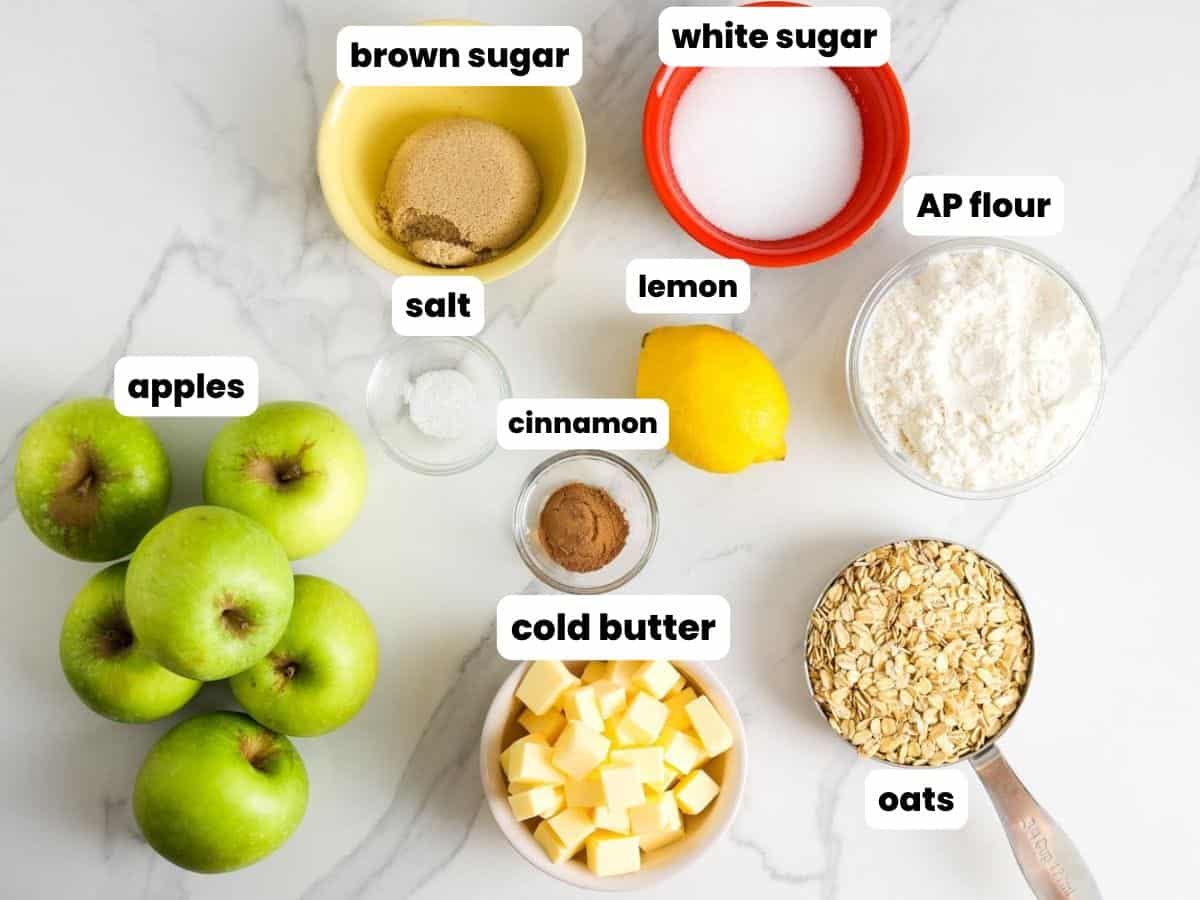 Ingredients for apple crisp made with granny smith apples and oats