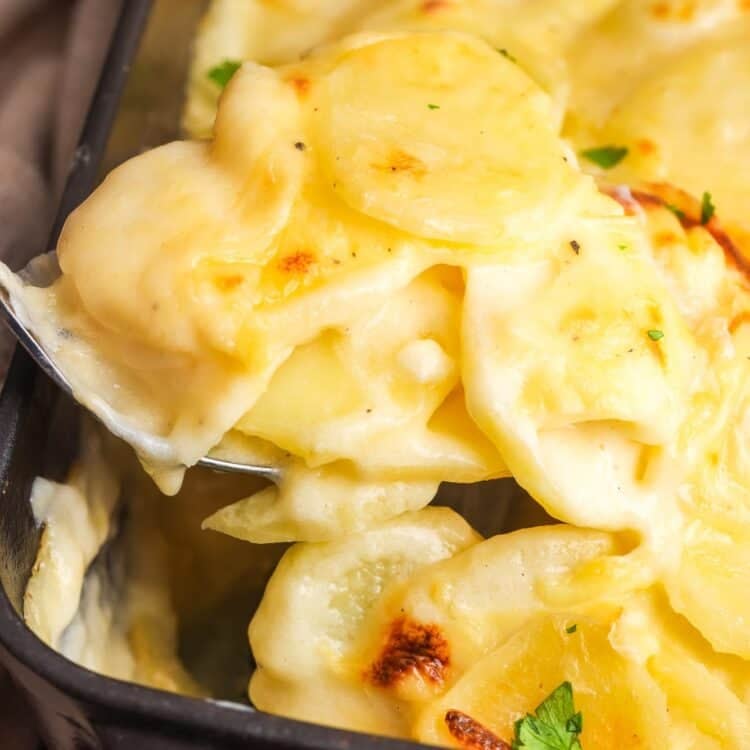 closeup of homemade scalloped potatoes. A spoon is lifting up a serving from the pan.