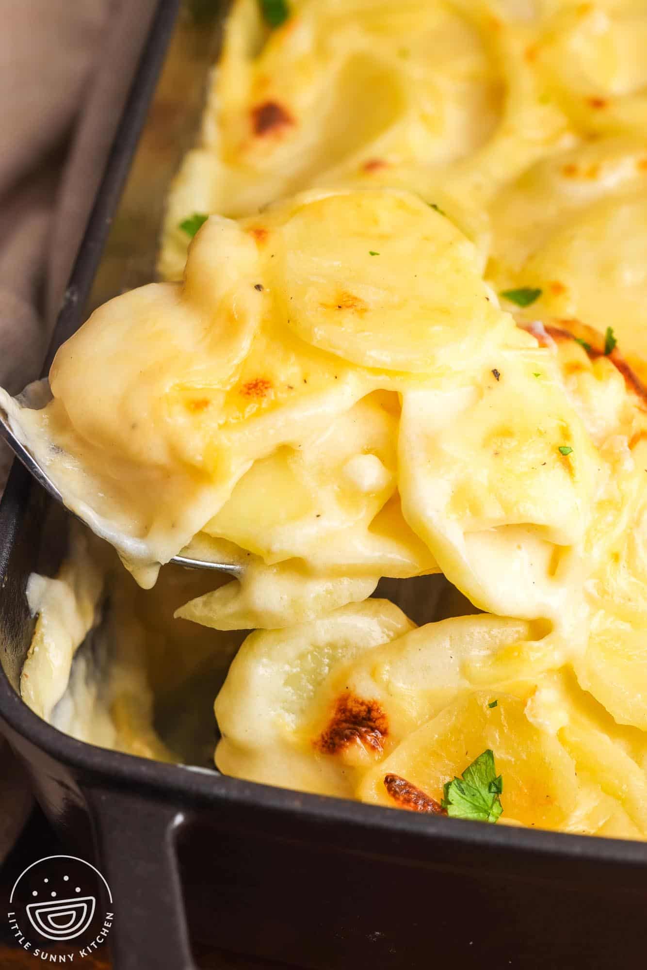 closeup of homemade scalloped potatoes. A spoon is lifting up a serving from the pan.