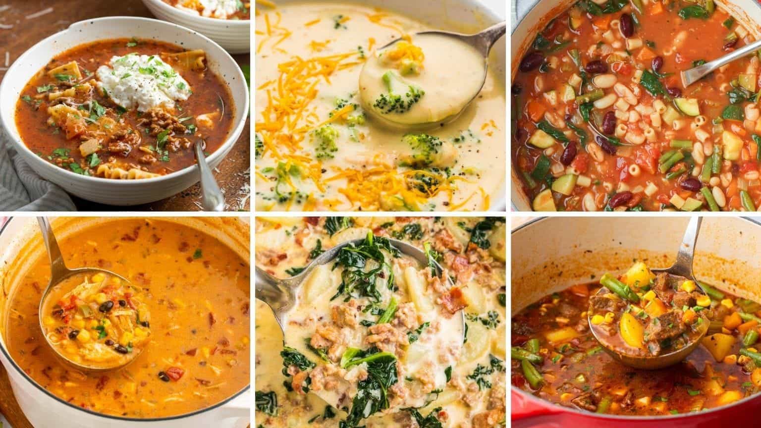 Collage of six colorful homemade soups served in bowls and Dutch ovens, including lasagna soup with ricotta, creamy broccoli cheddar, hearty minestrone, chicken enchilada soup, creamy Zuppa Toscana with sausage and kale, and rustic beef and vegetable soup. Each soup is vibrant, comforting, and perfect for fall.