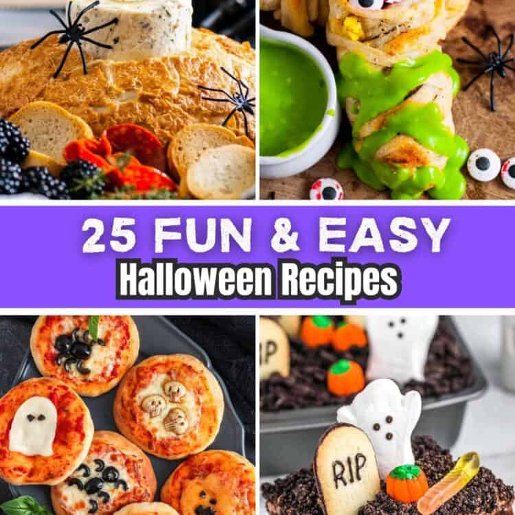Collage of Halloween recipes including a spooky butter candle in bread, mummy breakfast rolls with candy eyes, mini Halloween pizzas with ghost and spider designs, and a graveyard dirt cake with cookies and gummy worms, labeled “25 Fun & Easy Halloween Recipes.”