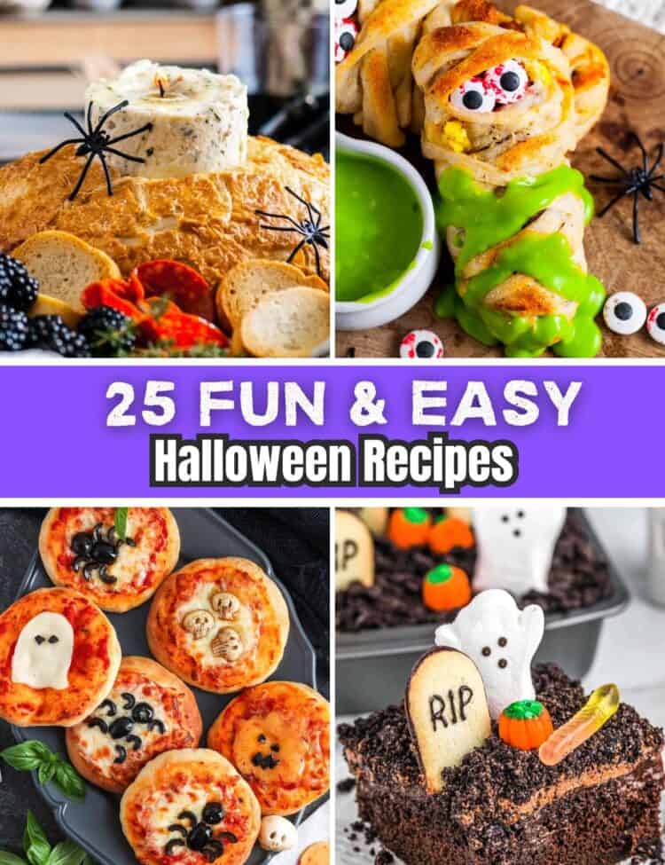 Collage of Halloween recipes including a spooky butter candle in bread, mummy breakfast rolls with candy eyes, mini Halloween pizzas with ghost and spider designs, and a graveyard dirt cake with cookies and gummy worms, labeled “25 Fun & Easy Halloween Recipes.”