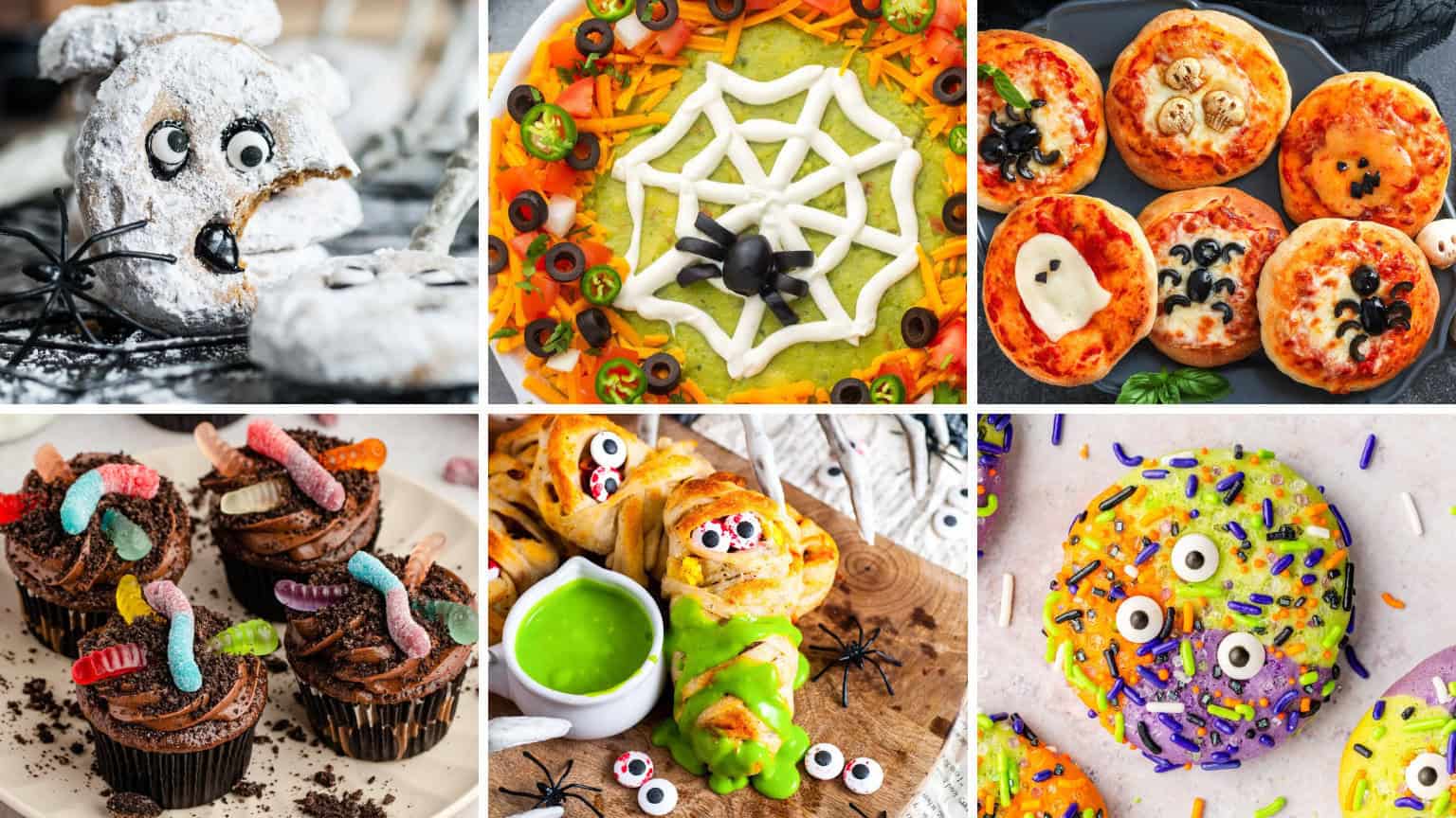 Collage of fun Halloween recipes including ghost cookies coated in powdered sugar, a guacamole dip decorated with a sour cream spider web, mini Halloween pizzas with spooky toppings, dirt cupcakes with gummy worms, mummy breakfast rolls with candy eyes and green slime dip, and colorful monster eye cookies with sprinkles.