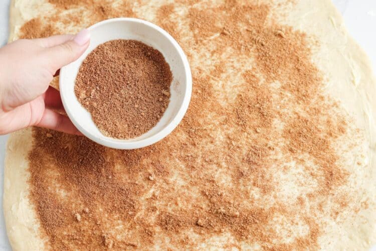 a bowl of cinnamon sugar sprinkled over rolled out cinnamon roll dough.