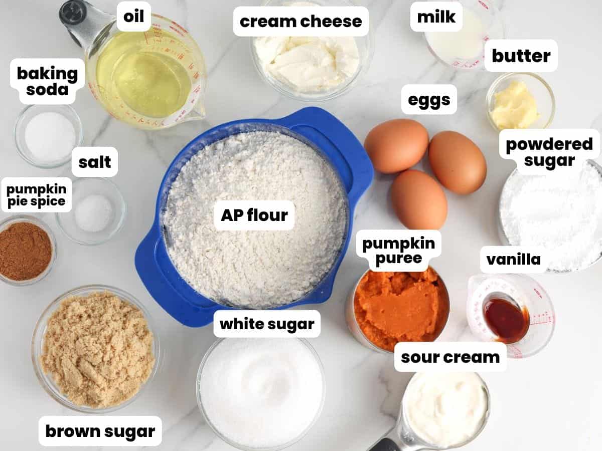 Overhead view of labeled ingredients for pumpkin bundt cake, including flour, pumpkin puree, sugars, oil, eggs, sour cream, cream cheese, butter, milk, powdered sugar, vanilla, baking soda, salt, and pumpkin pie spice.
