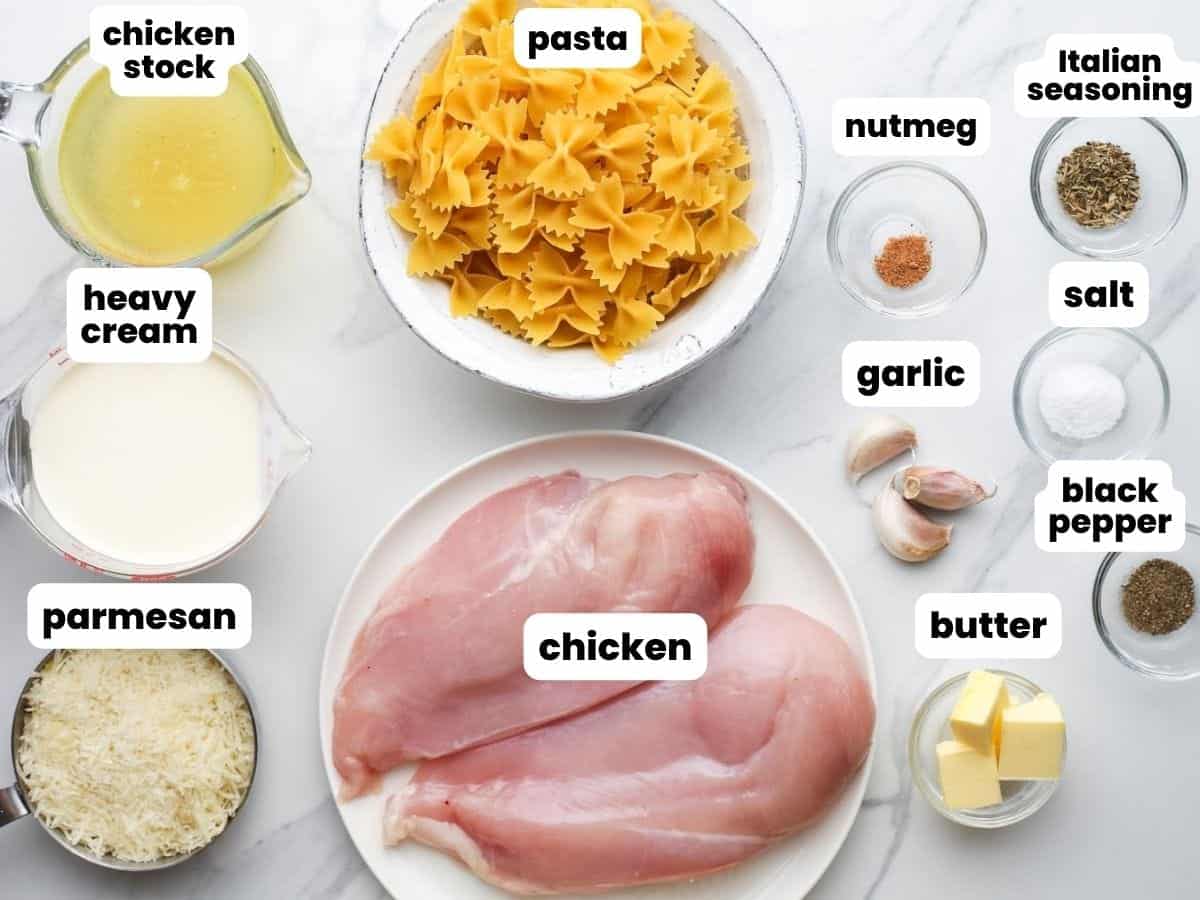 Ingredients for making chicken alfredo with the slow cooker, including chicken breasts, pasta, cream, and parmesan cheese.