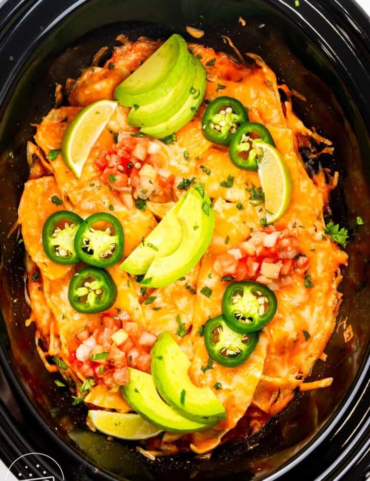 crockpot chicken enchiladas casserole topped with pico de gallo, jalapenos, and sliced avocado.
