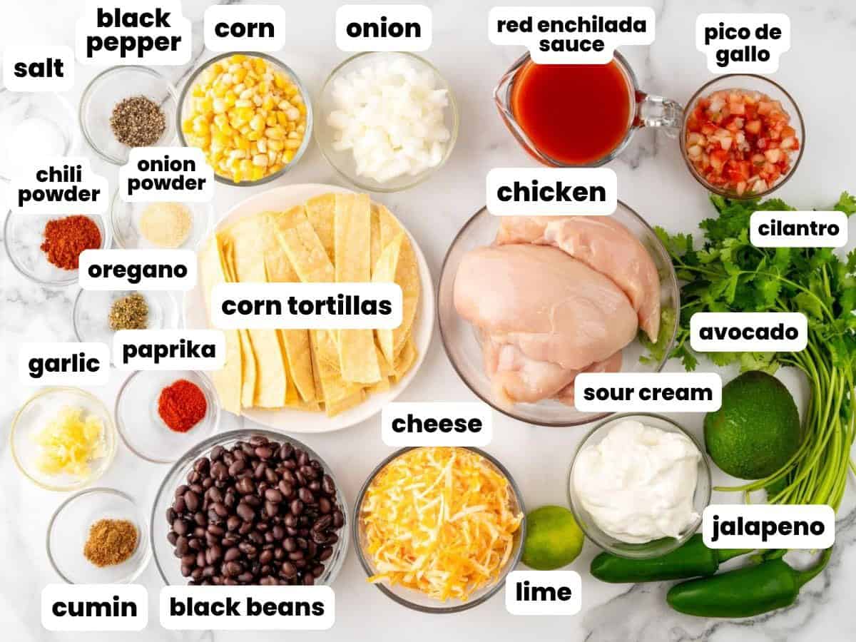 Ingredients for making chicken enchilada casserole in the slow cooker, including corn tortillas, black beans, cheese, and red enchilada sauce.