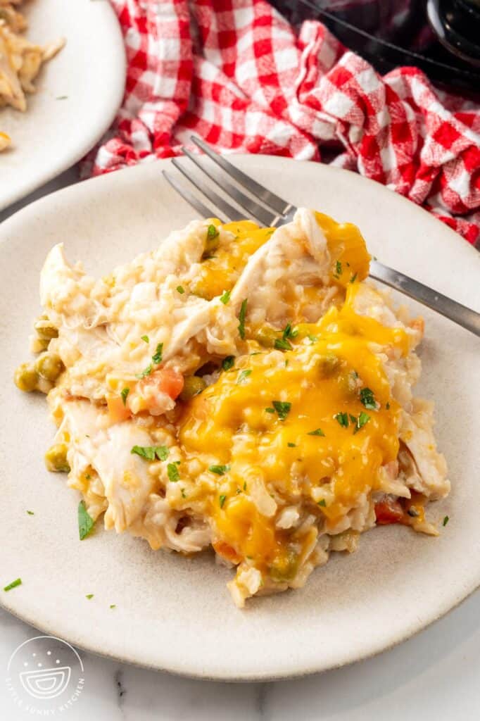 a serving of slow cooker chicken and rice, made with brown rice, chicken breasts, veggies, and cheese, on a plate.