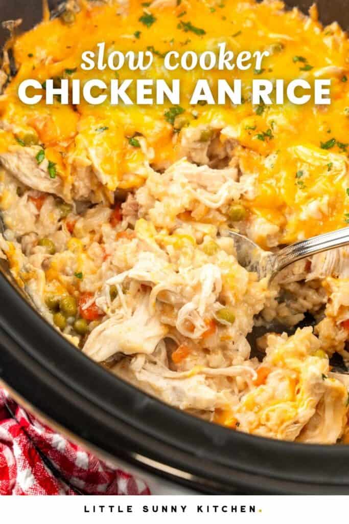 Chicken and rice casserole topped with cheese, in a crock pot. Text overlay says "slow cooker chicken and rice"
