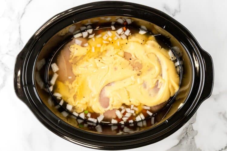 cream of chicken soup concentrated added to a crock pot of chicken, broth, veggies, and rice.