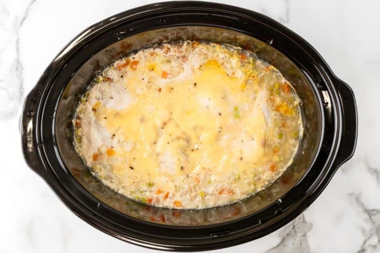 slow cooker chicken and rice after cooking.