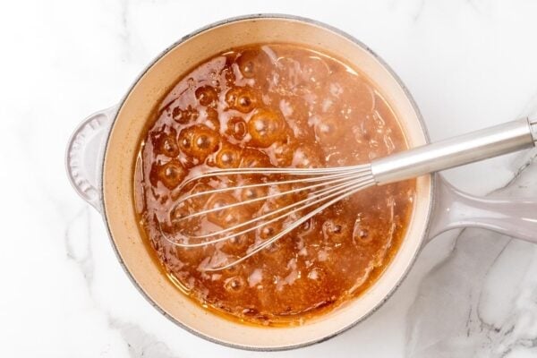 liquid from slow cooker pot roast cooked in a saucepan to make a gravy.