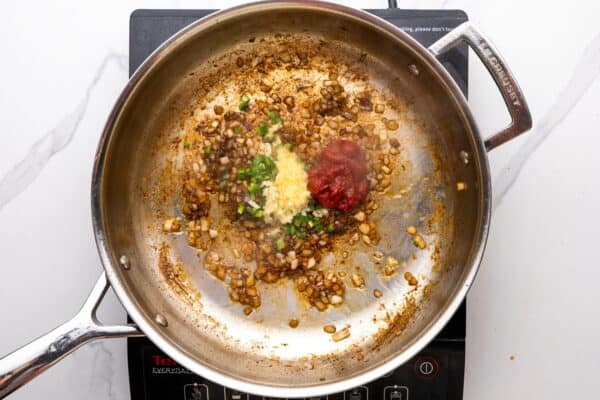 tomato paste, garlic, jalapeno added to a skillet of sauteed onions.