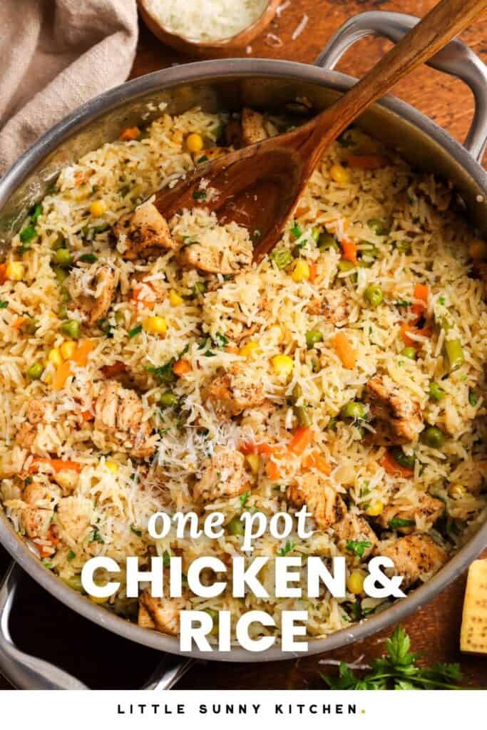 a pot of rice with chicken and veggies on a wooden board. The text overlay says "one pot chicken and rice"