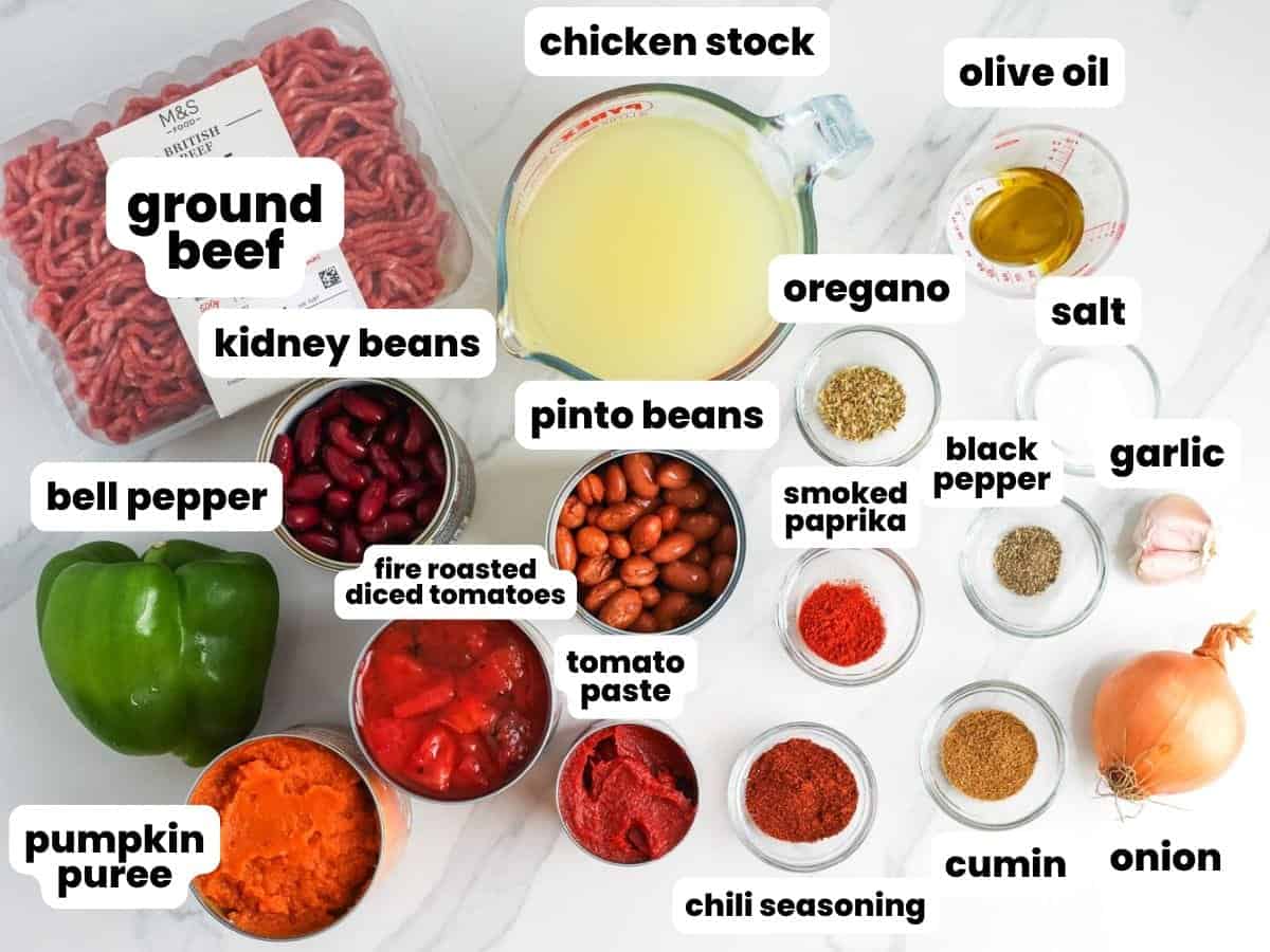 ingredients for pumpkin chili including ground beef and beans.