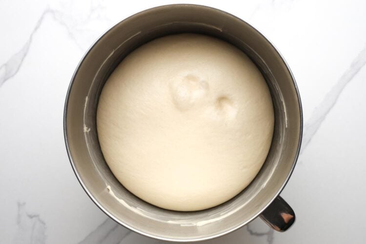 bread dough risen in a metal mixing bowl that is coated with butter.
