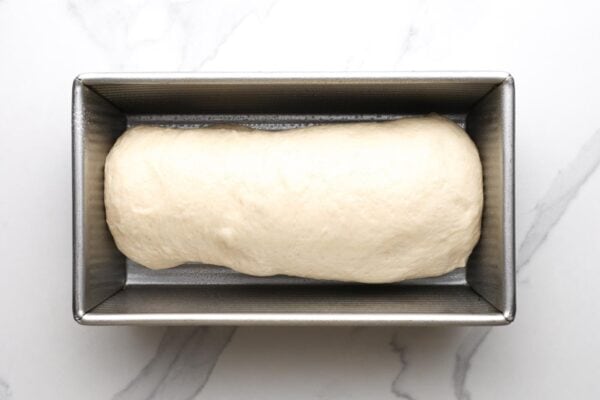 a rolled up loaf of bread dough in a greased loaf pan with straight sides.