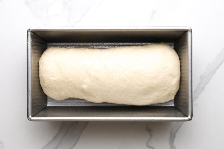 a rolled up loaf of bread dough in a greased loaf pan with straight sides.