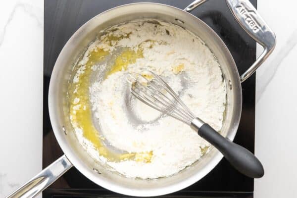 flour added to melted butter in a saucepan to make a roux.