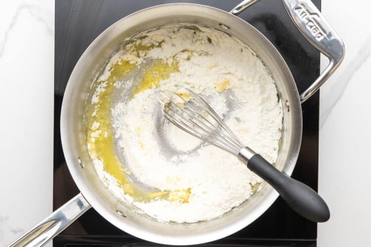 flour added to melted butter in a saucepan to make a roux.