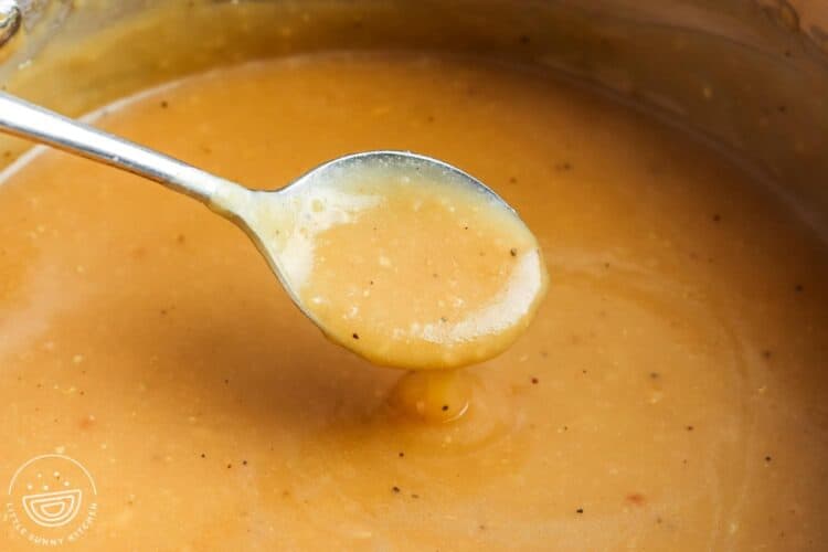 closeup shot of homemade turkey gravy. a spoon is lifting it up to show the thick, silky texture.