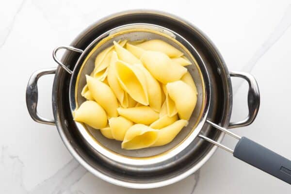 cooked large shell pasta draining.