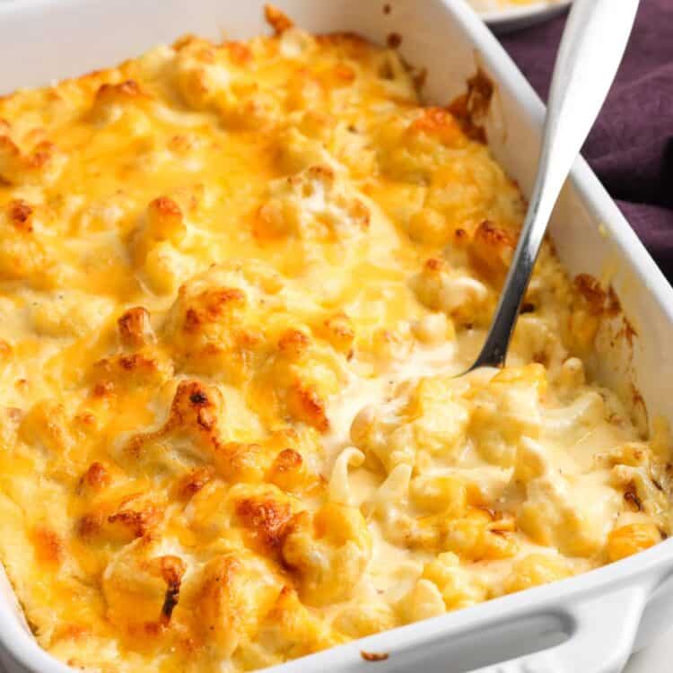Cauliflower mac and cheese in a white baking dish. A spoon is serving it. In the background is a plate with a chunk of cheddar cheese that has been grated.
