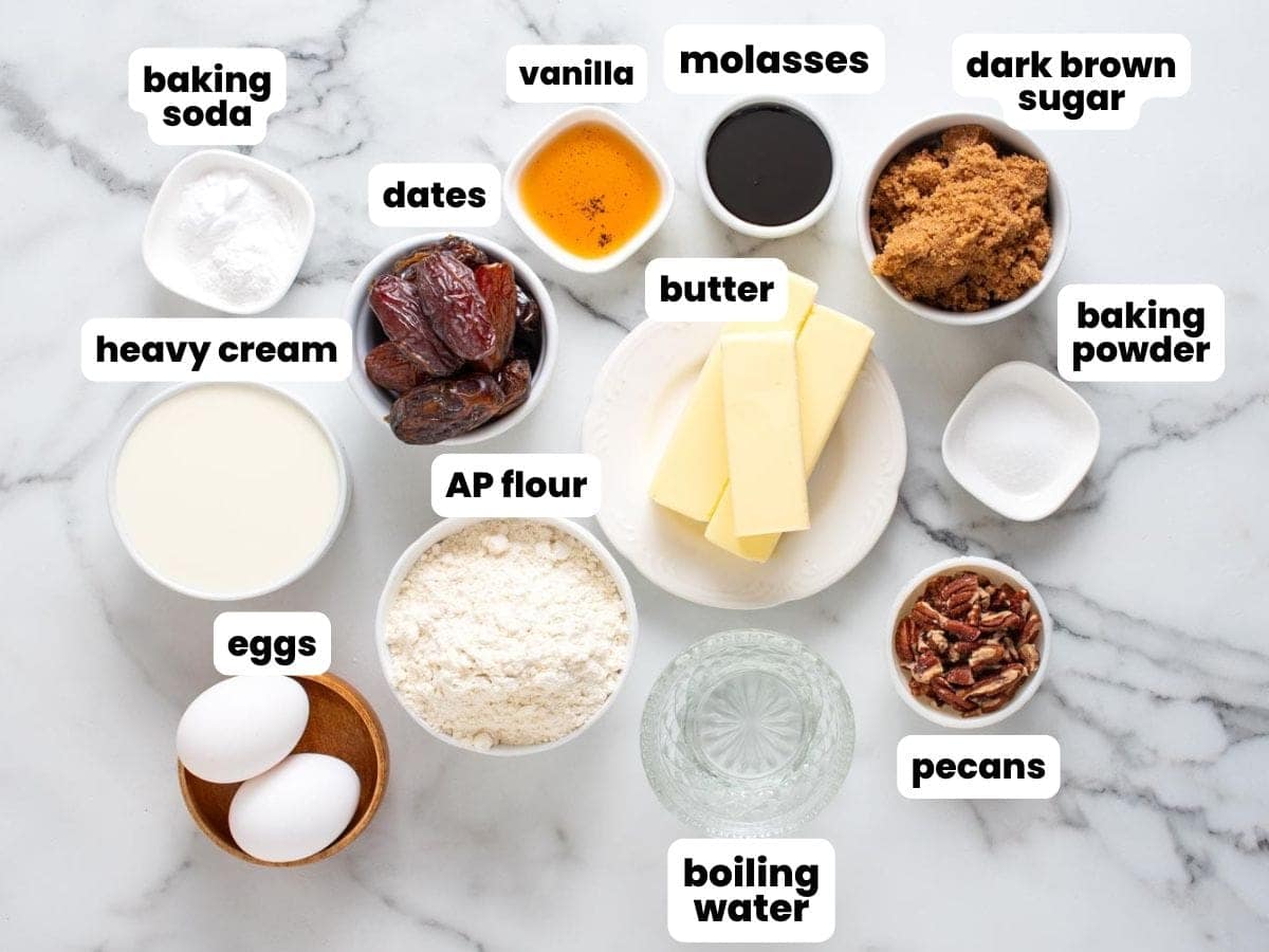 Ingredients needed to make traditional sticky toffee pudding with dates, brown sugar, molasses, and pecans.