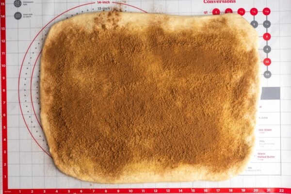 cinnamon sugar mixture sprinkled over a rectangle of dough that is on a baking mat that shows measurements.