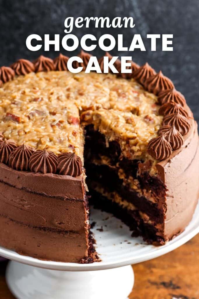 A german chocolate cake with three layers. One slice has been removed to show the pecan coconut filling. Text overlay says "german chocolate cake"