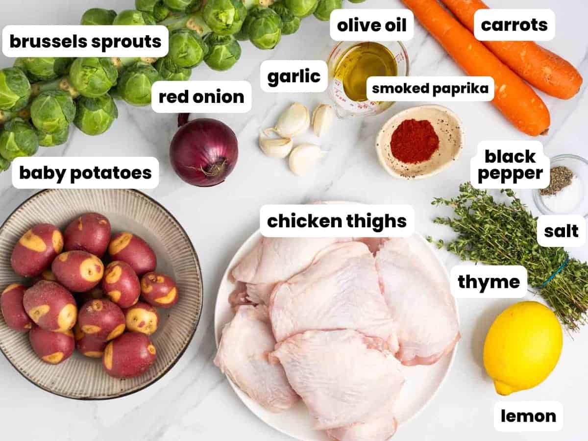 a plate of raw whole chicken thighs next to a bowl of baby potatoes, a red onion, garlic cloves, whole carrots, a brussels sprouts stalk, and seasonings.