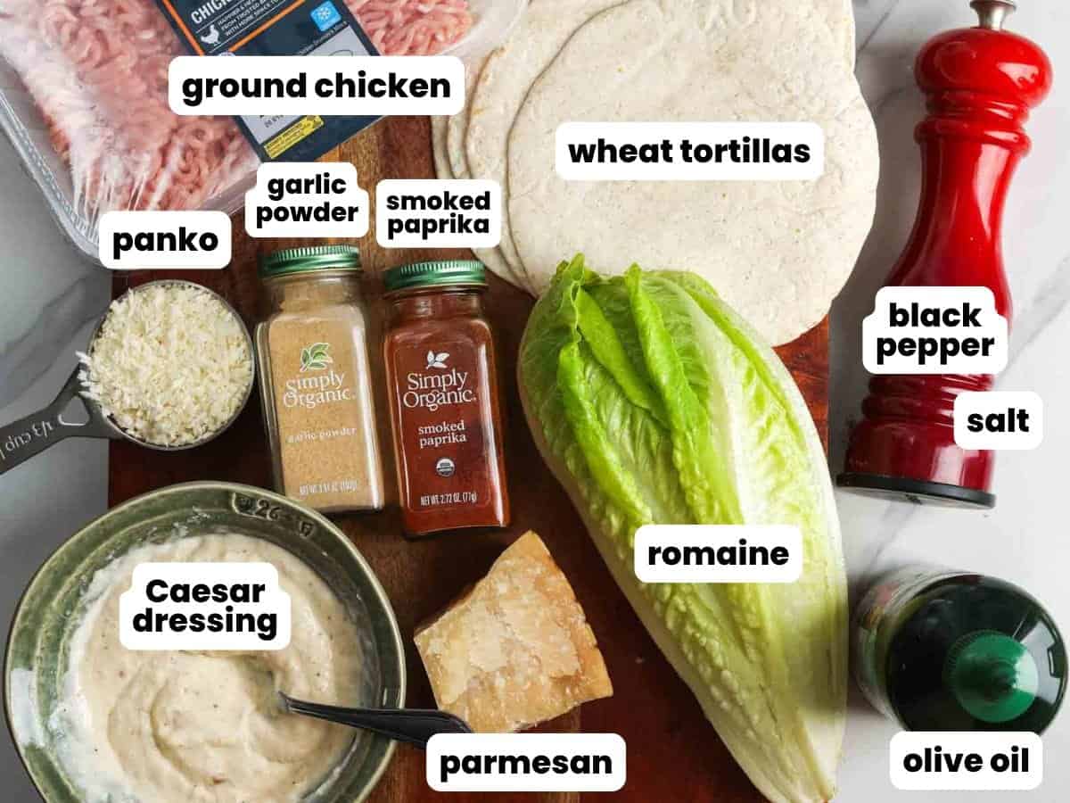 Ingredients for Caesar chicken smash tacos including ground chicken, flour tortillas, romaine lettuce, Parmesan cheese, panko breadcrumbs, olive oil, Caesar dressing, smoked paprika, garlic powder, salt, and black pepper.