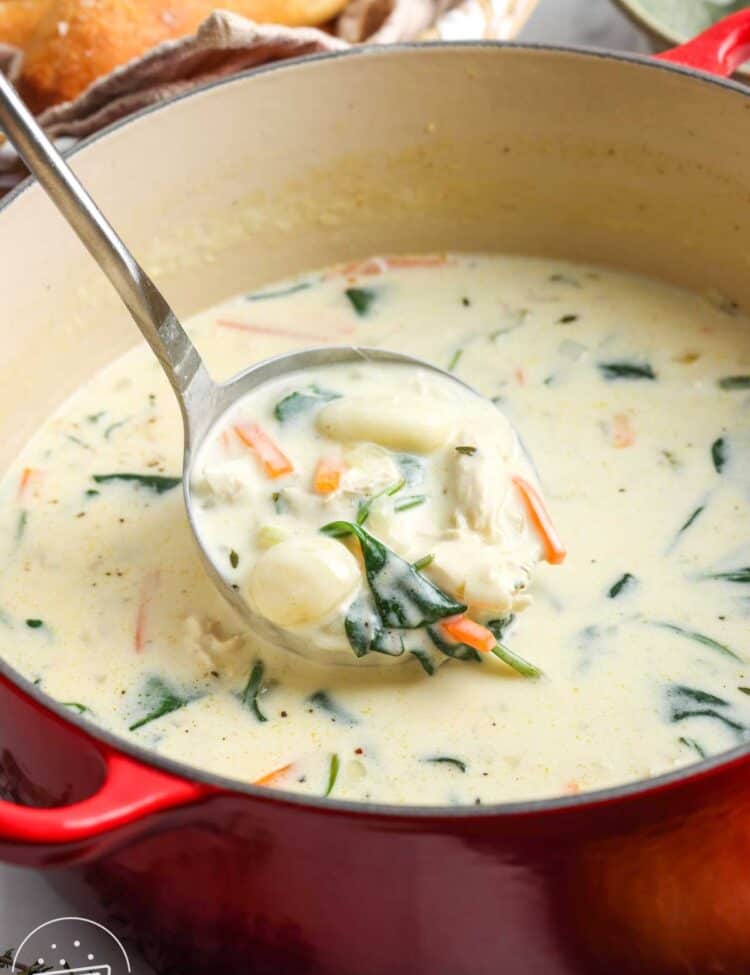 a red dutch oven filled with creamy olive garden inspired chicken gnocchi soup.
