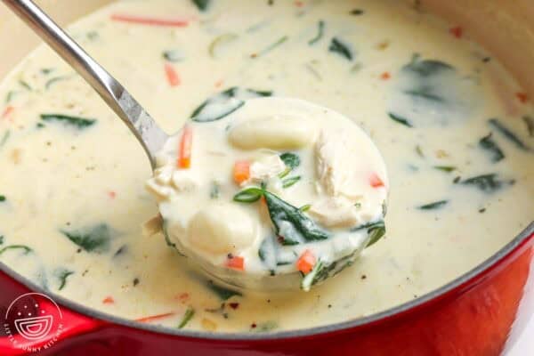 A pot of creamy chicken and gnocchi soup made on the stovetop with carrots and spinach. a ladle is holding up a serving.